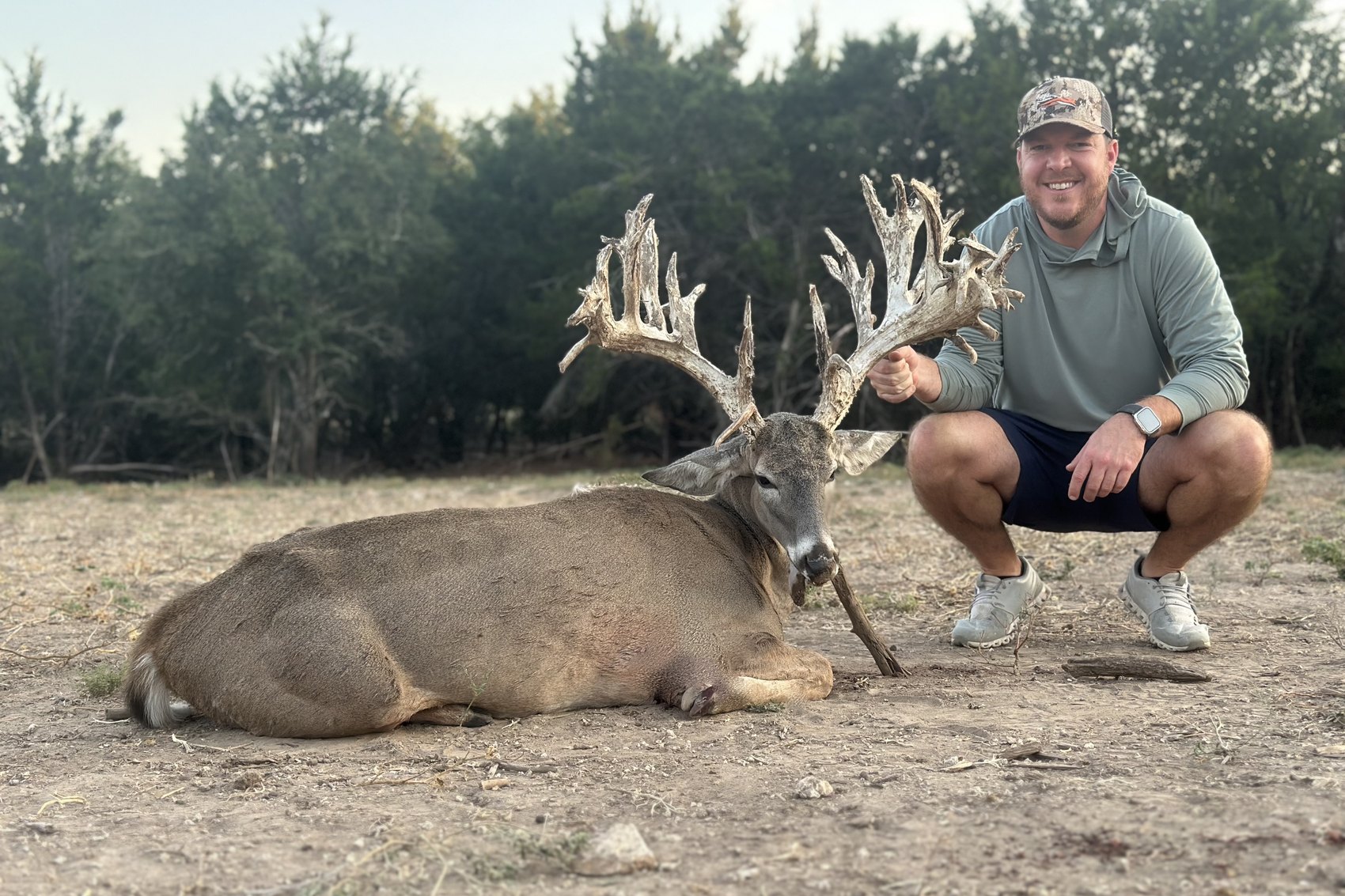 Heavy non-typical whitetail buck harvested at Crown Point Ranch from Crown Point Whitetails genetics