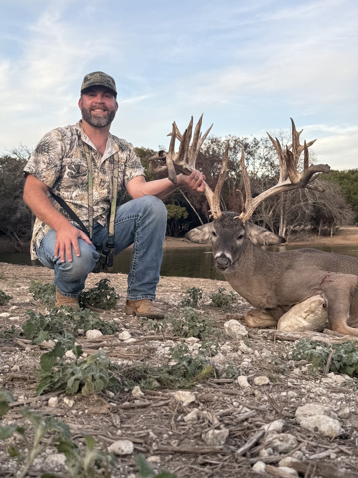 Wide palmated non-typical whitetail buck taken at Crown Point Ranch in Bosque County, Texas