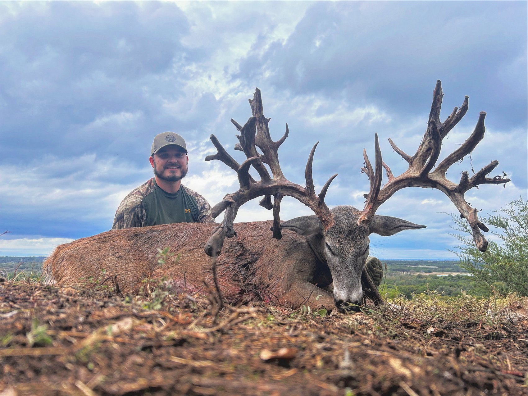Gnarly heavy-mass non-typical whitetail buck harvested at Crown Point Ranch, Morgan Texas